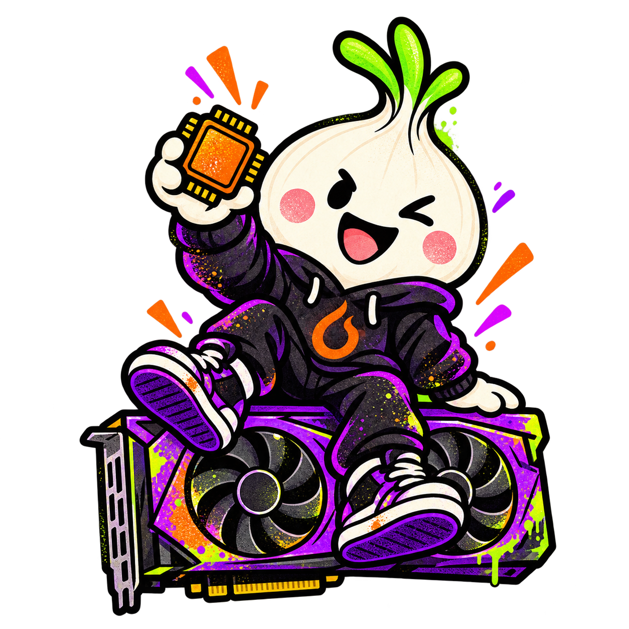 A cheerful onion in a flame hoodie, holding a microchip and sitting on a purple graphics card
